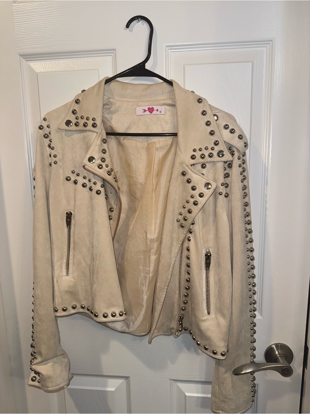 🤍 Cream Studded Faux Suede Moto Jacket Silver Hardware